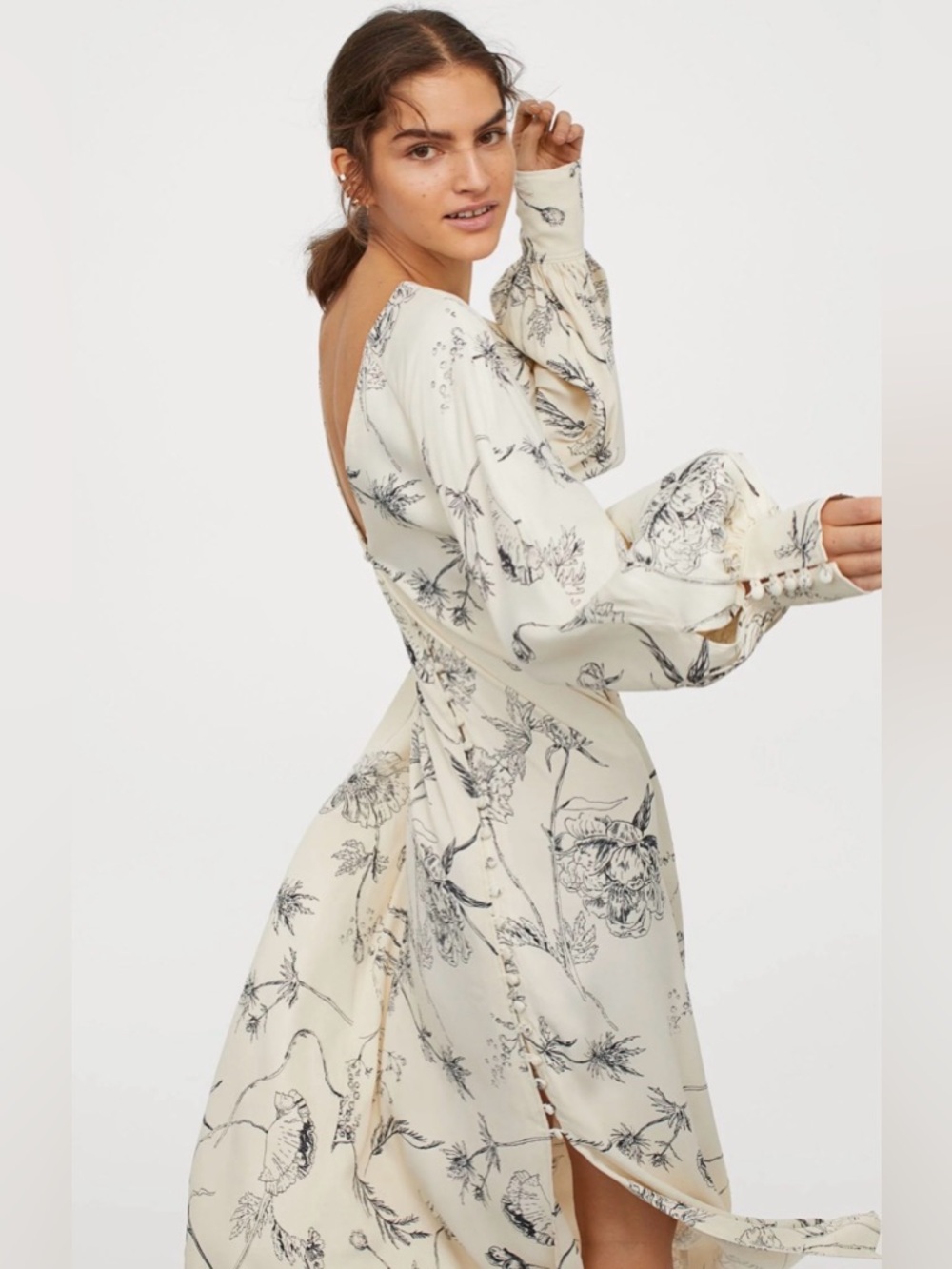 H&M Cream Floral Backless Midi Dress